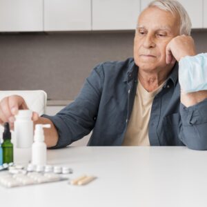 medium shot man holding pills container