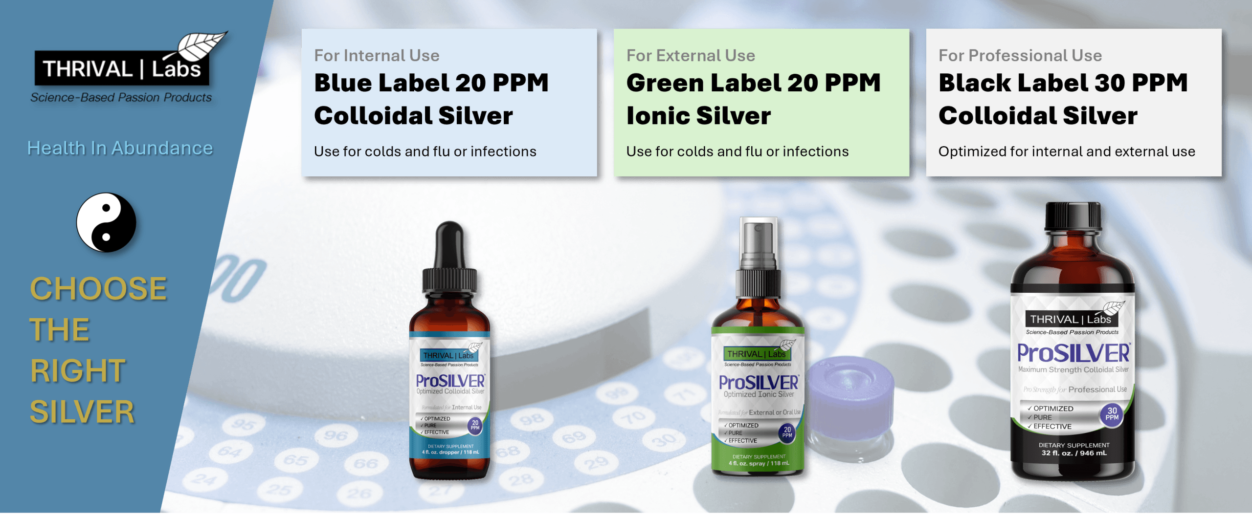 ProSILVER Green Label 20 PPM Ionic Colloidal Silver Liquid, Optimized Bio-Active Nano-Sized Liquid Silver for External Immune Support, Dark Glass Bottle - Thrival Labs 38 Green Label Choose the Right Silver 1464x600 1 scaled