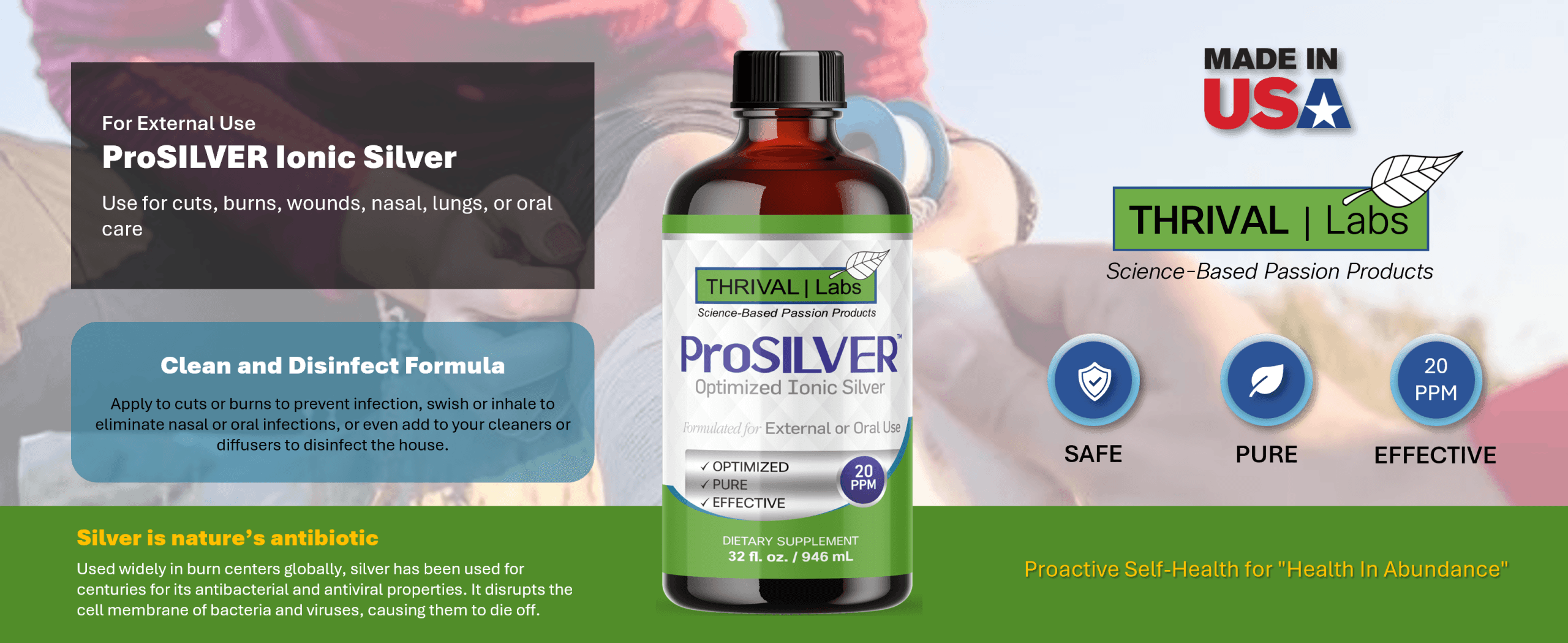 ProSILVER Green Label 20 PPM Ionic Colloidal Silver Liquid, Optimized Bio-Active Nano-Sized Liquid Silver for External Immune Support, Dark Glass Bottle - Thrival Labs 34 Green Label Intro 1464x600 1 scaled