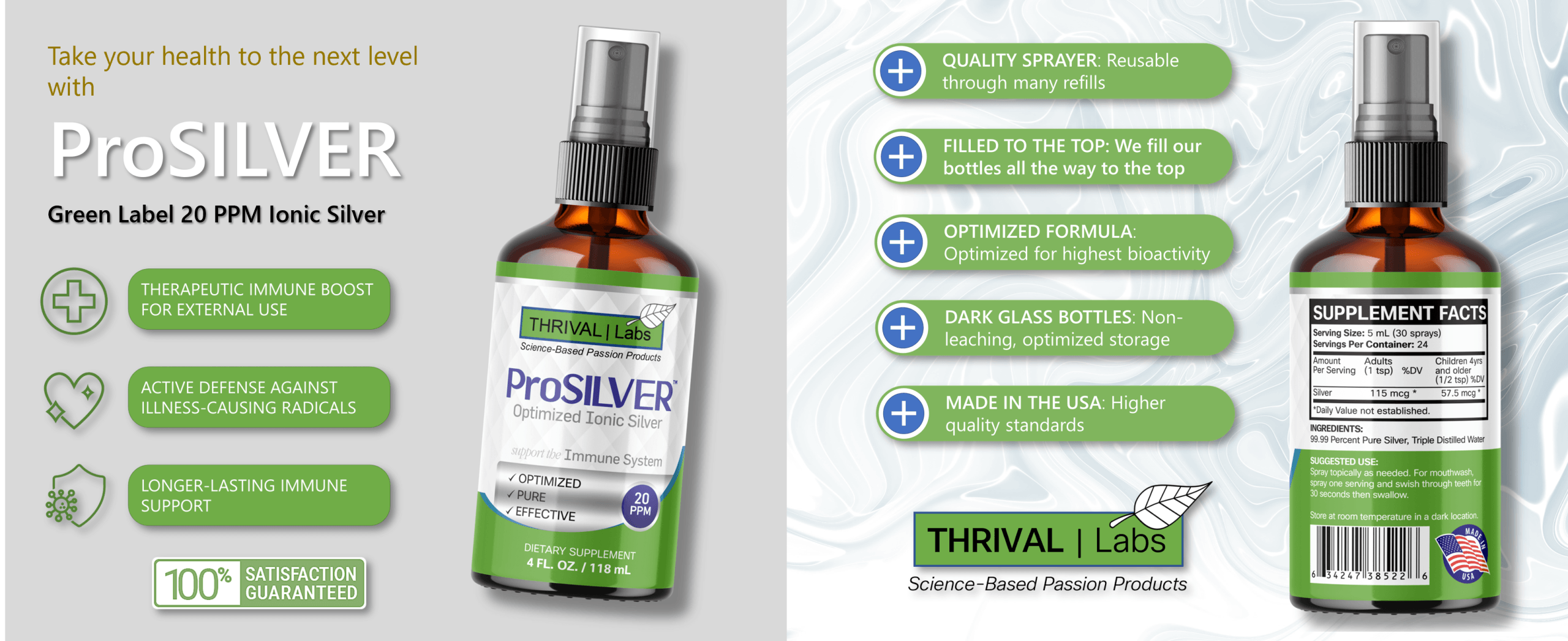 ProSILVER Green Label 20 PPM Ionic Colloidal Silver Liquid, Optimized Bio-Active Nano-Sized Liquid Silver for External Immune Support, Dark Glass Bottle - Thrival Labs 36 Green Label Optimized 1464x600 1 scaled