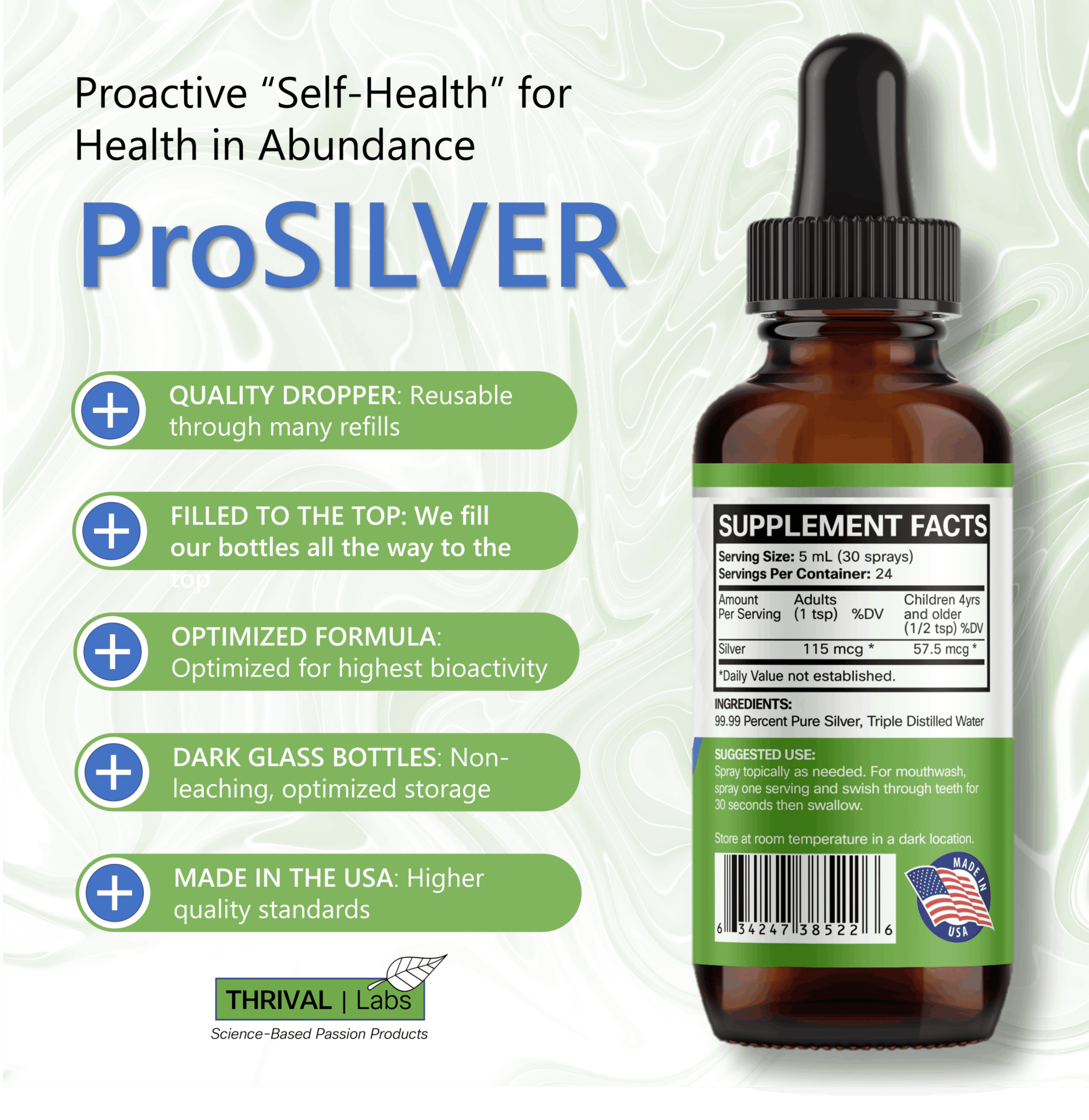 ProSILVER Green Label 20 PPM Ionic Colloidal Silver Liquid, Optimized Bio-Active Nano-Sized Liquid Silver for External Immune Support, Dark Glass Bottle - Thrival Labs 3 ProSILVER Green Label 20 PPM Ionic Colloidal Silver Liquid, Optimized Bio-Active Nano-Sized Liquid Silver for External Immune Support, Dark Glass Bottle - Thrival Labs - Image 3