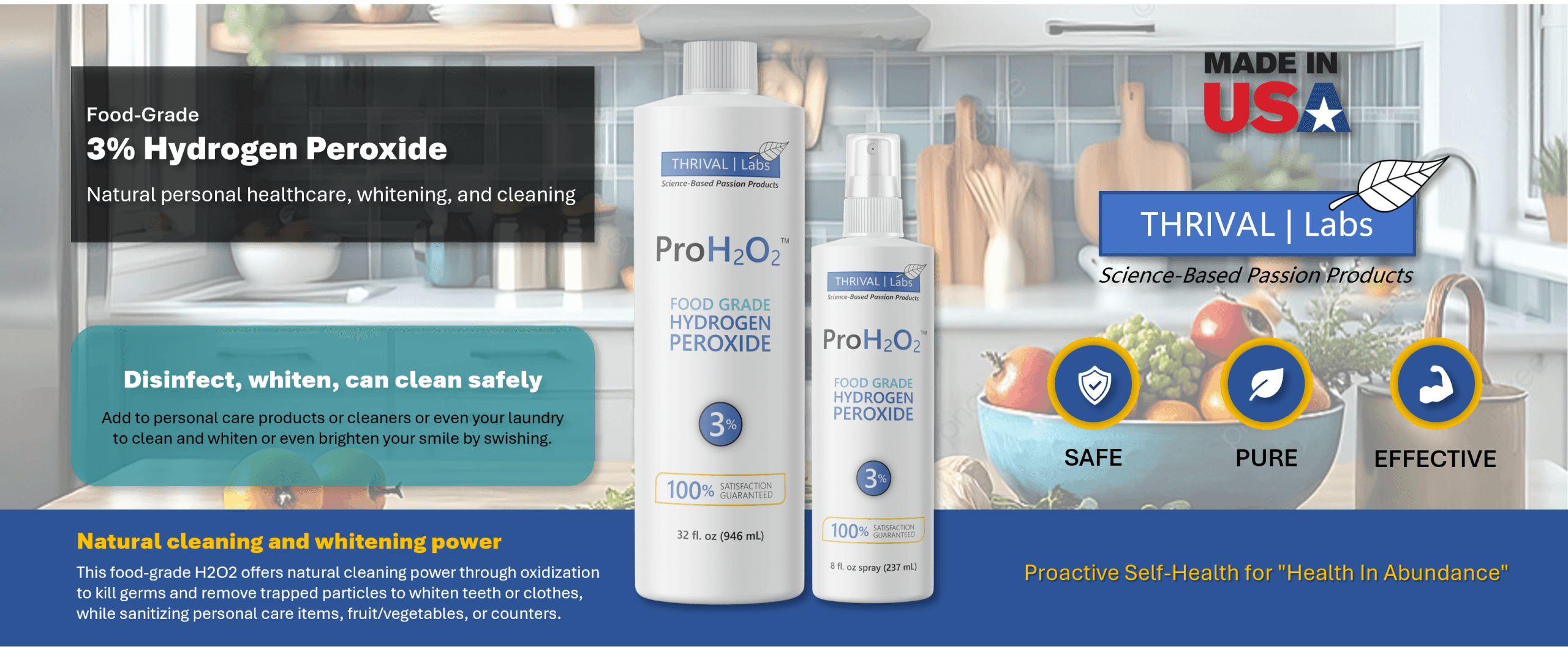 ProH2O2 Food Grade 3% Hydrogen Peroxide by Thrival Labs - A USA-Made Natural Cleaner With No Added Toxic Stabilizers for Medical, Household, and Personal Use 26 ProH2O2 Intro 1464x600 1 scaled