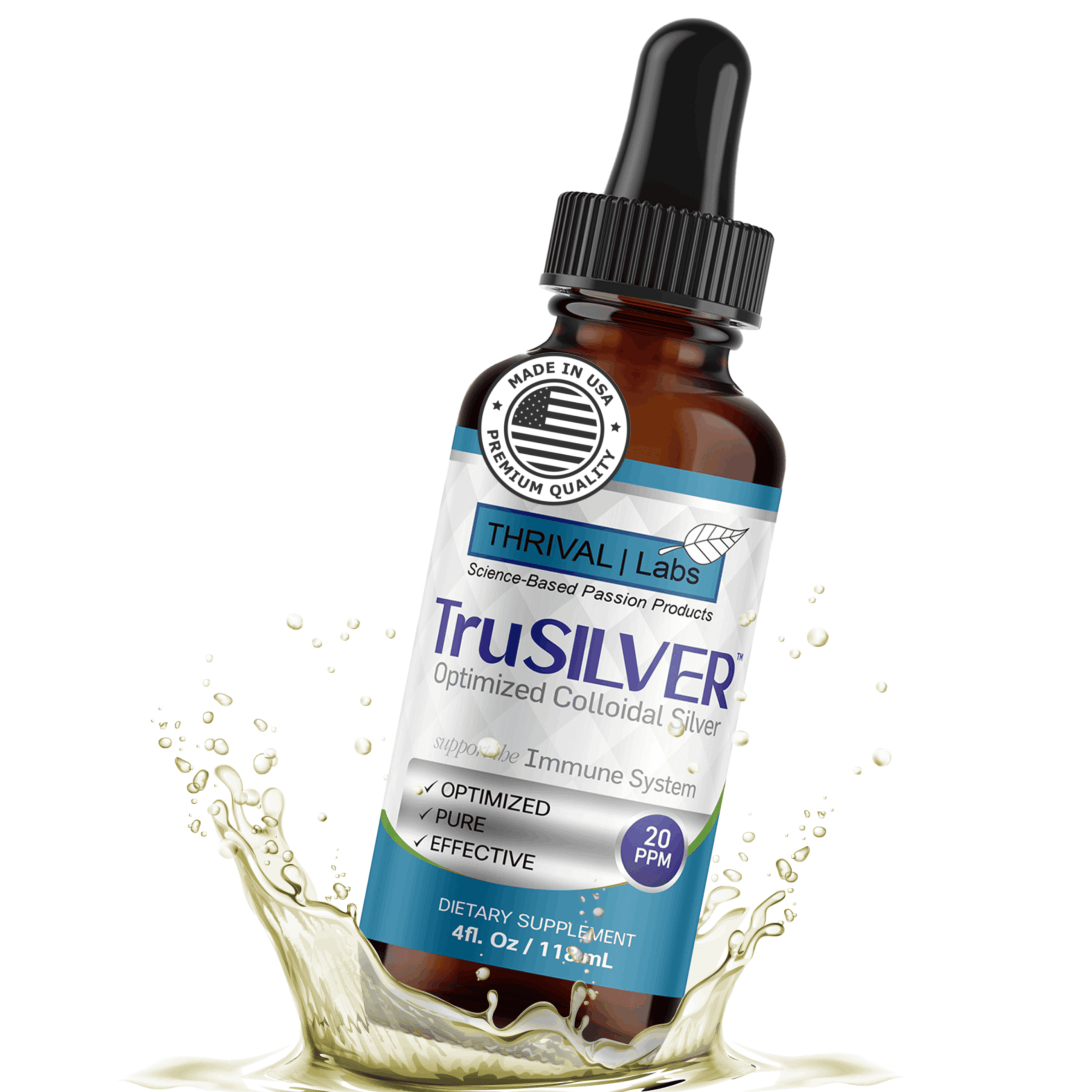 TruSILVER 20 PPM True Colloidal Silver Liquid, Optimized Bio-Active Nano-Sized Liquid Silver for Immune Support, Dark Glass Bottle - Thrival Labs 1 TruSILVER 20 PPM True Colloidal Silver Liquid, Optimized Bio-Active Nano-Sized Liquid Silver for Immune Support, Dark Glass Bottle - Thrival Labs