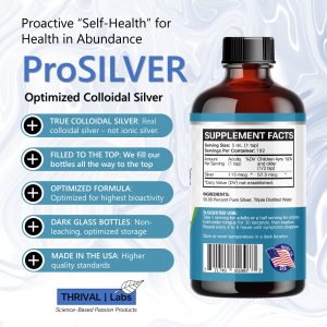 ProSILVER Blue Label 20 PPM Colloidal Silver Liquid, Optimized Bio-Active Nano-Sized Liquid Silver for Internal Immune Support, Dark Glass Bottle - Thrival Labs 29 4 PSblu32 Back Ingredients