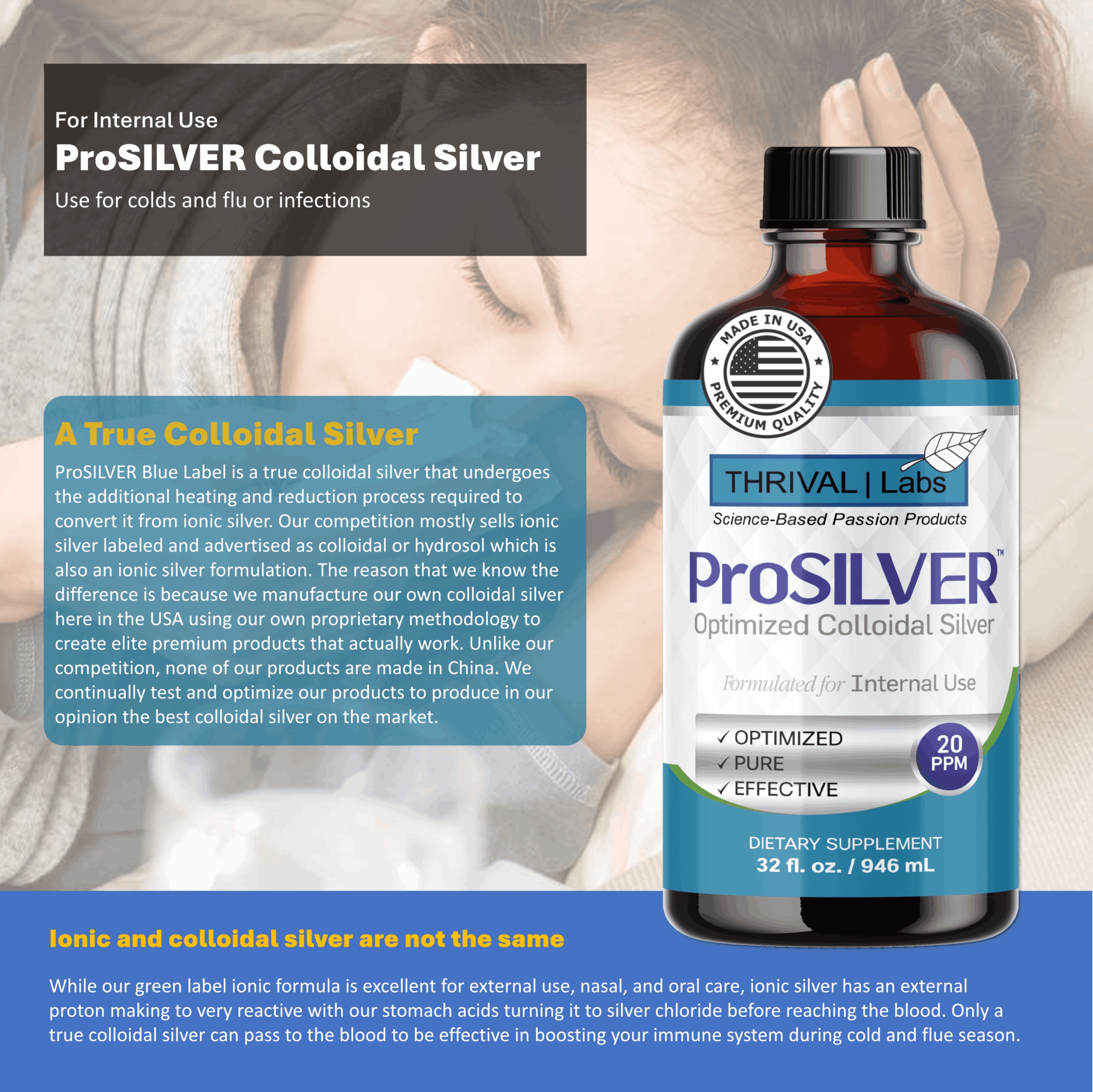 ProSILVER Blue Label 20 PPM Colloidal Silver Liquid, Optimized Bio-Active Nano-Sized Liquid Silver for Internal Immune Support, Dark Glass Bottle - Thrival Labs 2 ProSILVER Blue Label 20 PPM Colloidal Silver Liquid, Optimized Bio-Active Nano-Sized Liquid Silver for Internal Immune Support, Dark Glass Bottle - Thrival Labs - Image 2